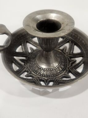 Vintage Silver Chamberstick Candle Holder Ornate Pierced Tray Star Motif